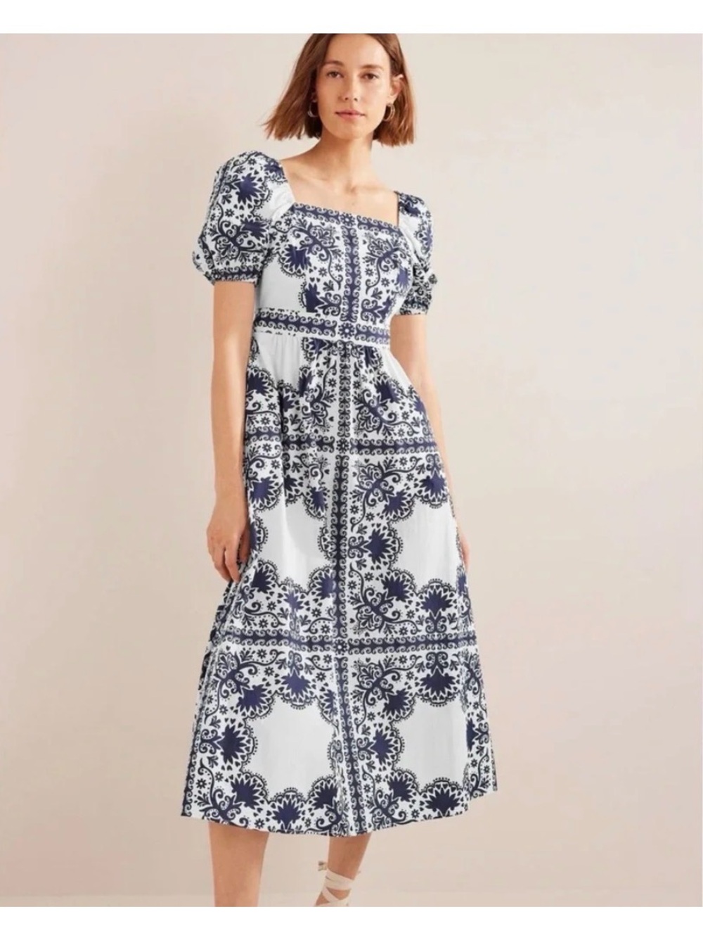 Boden White Midi Dress with Navy Blue Print - Size US6